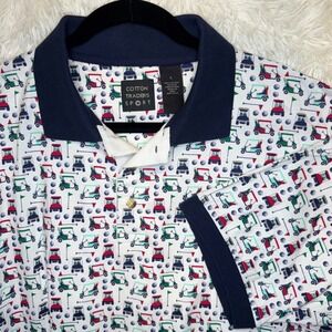 Cotton Traders Sport Polo Shirt Mens Large White Blue Red Golf Cart Print